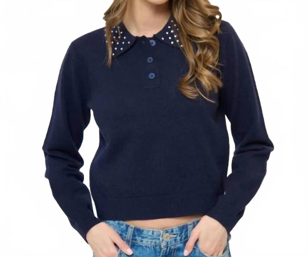 NEW CENTRAL PARK WEST crystal long sleeve embellished polo in navy